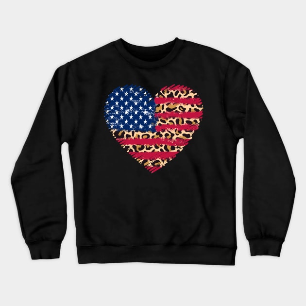 American Flag Heart 4th of July Leopard Print USA Patriotic Crewneck Sweatshirt by Green Splash